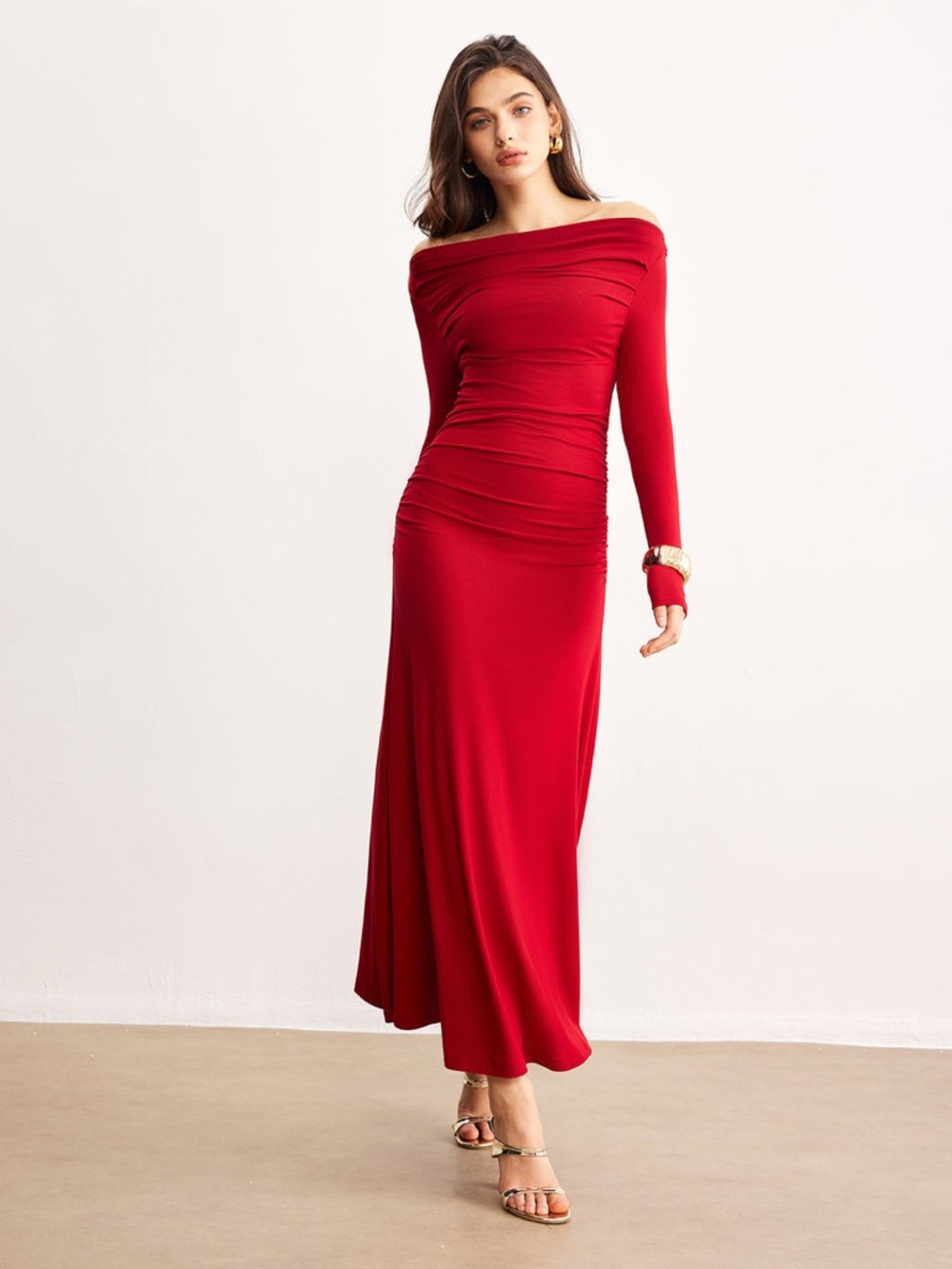 COMMENSE Off Shoulder Ruched Maxi Dress